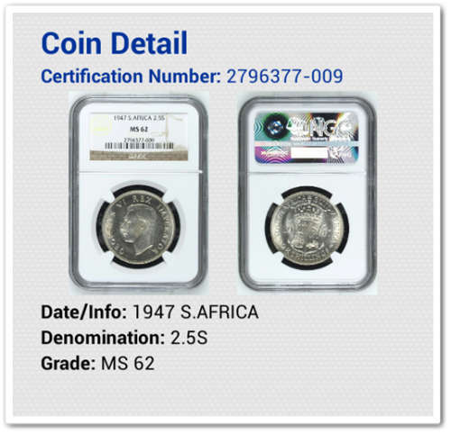 ** RARE 1947 2.5 SHILLING ** NGC MS62 !!! STARTING @ R1