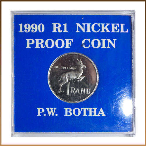 1990 PROOF NICKEL R1 P.W.BOTHA IN BLUE CASEING !! ORIGINAL !! STARTING @ R1