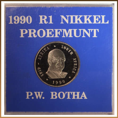 1990 PROOF NICKEL R1 P.W.BOTHA IN BLUE CASEING !! ORIGINAL !! STARTING @ R1