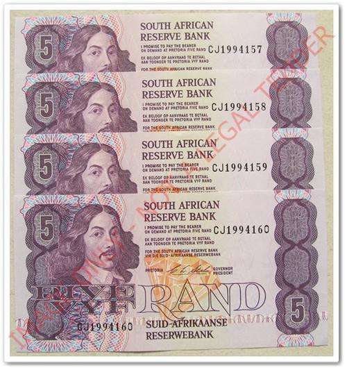 ** SUPURB ** CL. STALS FIVE RAND NOTES !! X4 NOTES IN SERIES  !! ONE LOT !! STARTING @ R1
