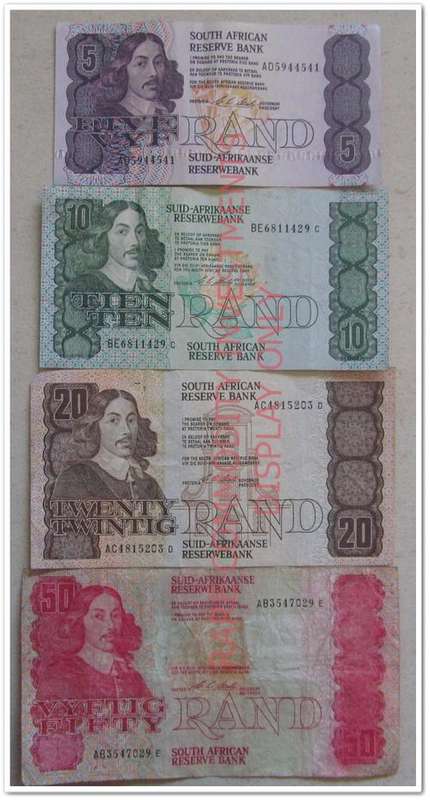 ** CL STALS ** FIVE, TEN, TWENTY & FIFTY RAND NOTES !! ONE LOT !!STARTING @ R1