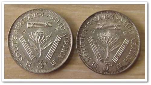 ** 1943 ** 3 PENCE  UNC - (X2) BID PER COIN !! STARTING @ R1