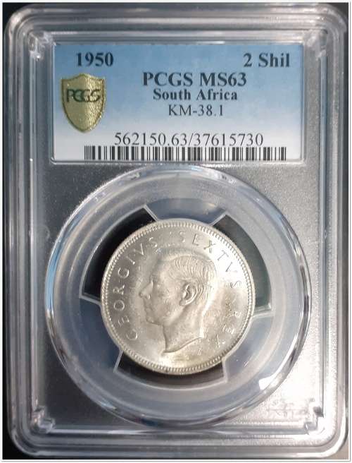 UNION OF SA 1950  2 SHILLING  PCGS  MS63 !!! SCARCE !!! R1 START