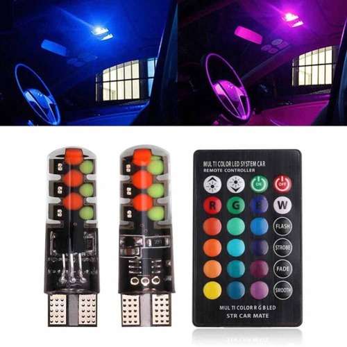 2Pcs T10 COB RGB LED Car Wedge Side Multicolor Light Bulbs with Remote Control