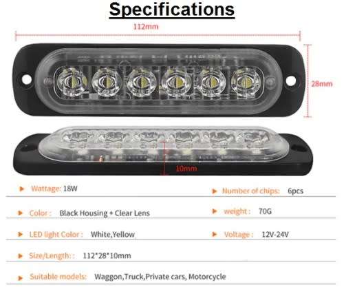Reflector Light - 12V - 24V 18W LED Reflector Light - White & Amber(Yellow) LED Flash Warning Light