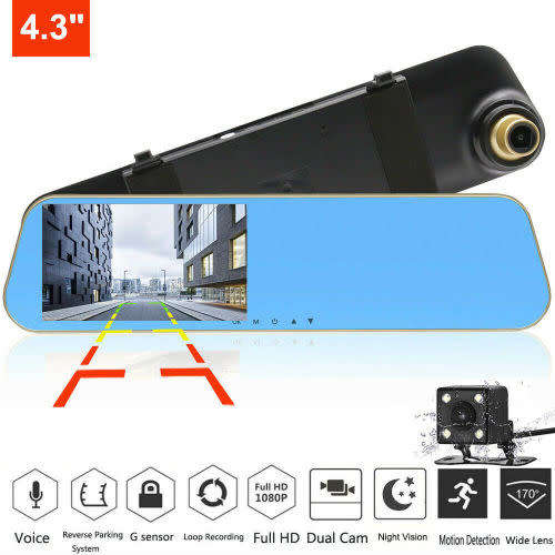 Vehicle Dash Camera - Rearview Mirror Dash Recorder - 2-In-1 Dash and Reverse Camera