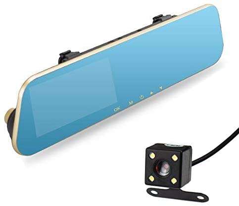 Vehicle Dash Camera - Rearview Mirror Dash Recorder - 2-In-1 Dash and Reverse Camera