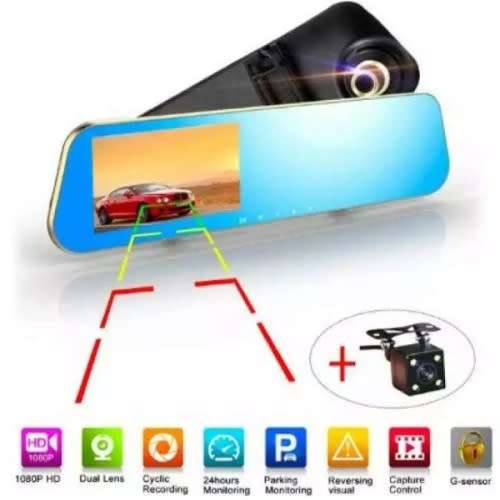 Vehicle Dash Camera - Rearview Mirror Dash Recorder - 2-In-1 Dash and Reverse Camera