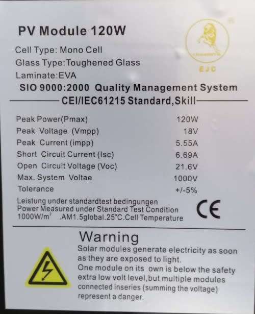 120W Solar Panel - Mono Cell 120W Solar Panel - EJC120W Mono Cell Solar Panel