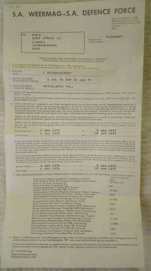 7 SADF Call up papers