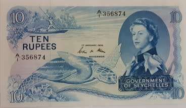(Item 063) Seychelles Ten Rupee "Scum" Bank Note