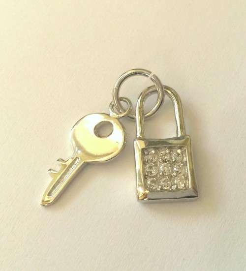 Clear CZ Padlock and Key Charm/Pendant in 925 Sterling Silver