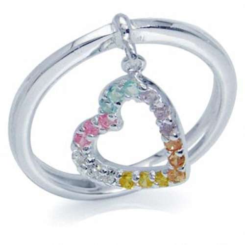 Multi Colour CZ Heart Dangle Ring in Silver- Size 6
