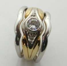 3-Piece 925 Sterling Silver and 9ct Yellow Gold Cubic Zirconia Wedding Set- Size 6.5