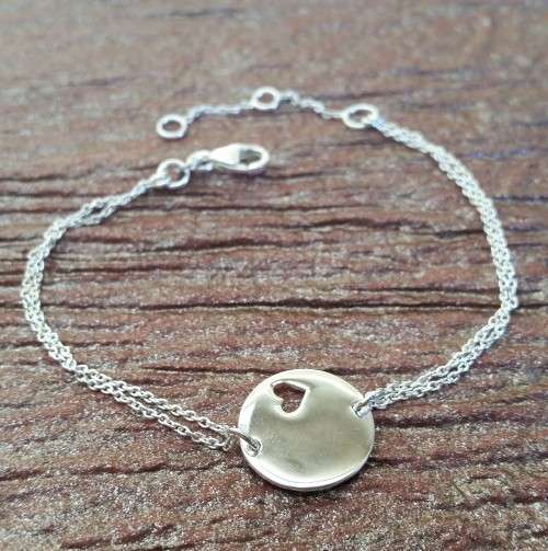 *925 Sterling Silver* Round Heart ID Double Chain Bracelet