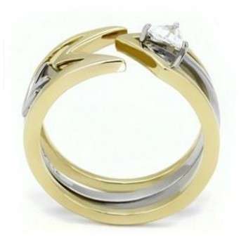 Two Tone Ion Plated 2 Piece CZ Arrow Style Stainless Steel Ring Set- Size 7-9