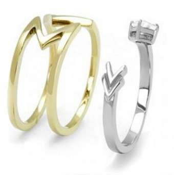 Two Tone Ion Plated 2 Piece CZ Arrow Style Stainless Steel Ring Set- Size 7-9