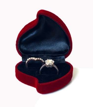 Red Velvet Heart Shaped Ring Box with Black Interior