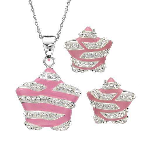 Pink and White Enamel Earrings and Pendant Set