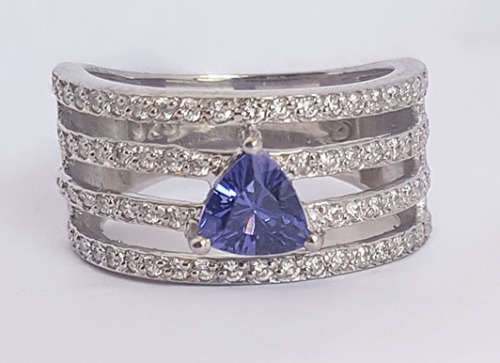 *CD DESIGNER JEWELRY* Cr Tanzanite and CZ Ring in Silver- Size 8.75