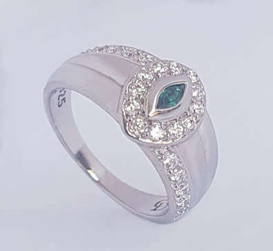 *CD DESIGNER JEWELRY* Cr Emerald and CZ Ring in Silver- Size R