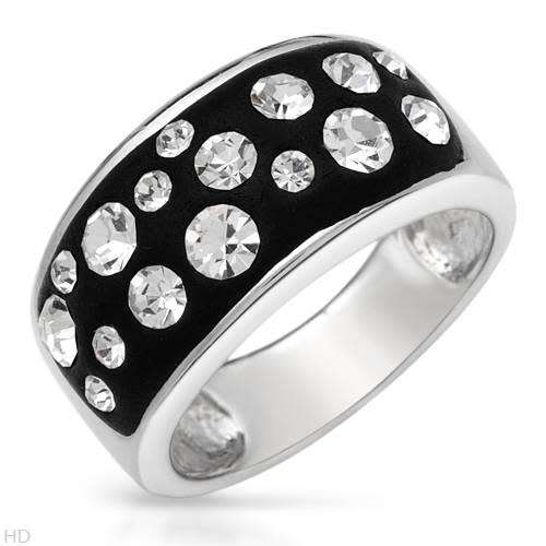 Crystal and Black Enamel Ring in Silver- Size 6.5