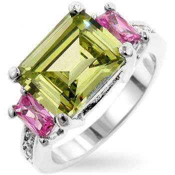 Green and pink cubic zirconia ring in 925 sterling silver- Size 10
