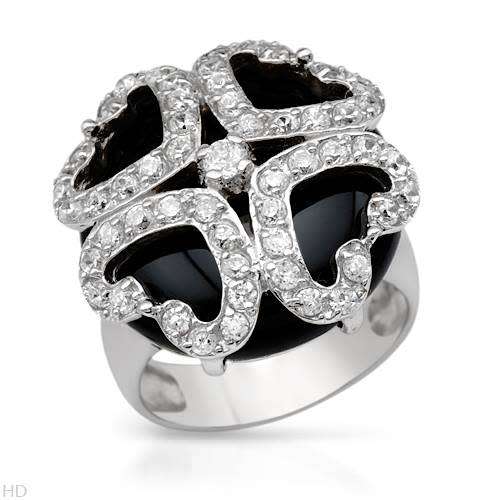 Onyx and CZ Dress Ring in Silver- Size 5