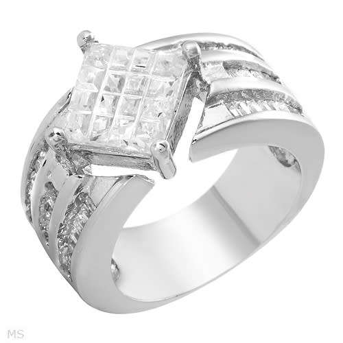 7.70ctw Cluster Princess CZ Silver Ring  - Size 7