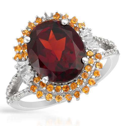 Garnet, Halo Citrine and CZ Ring in 925 Sterling Silver- Size 6