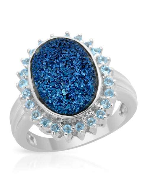 Topaz and Druzy Agate Flower style Ring in Silver- Size 7
