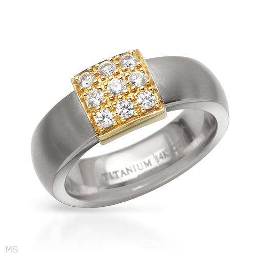 Cubic Zirconia Unisex Titanium Ring with Gold Inlay- Size 7