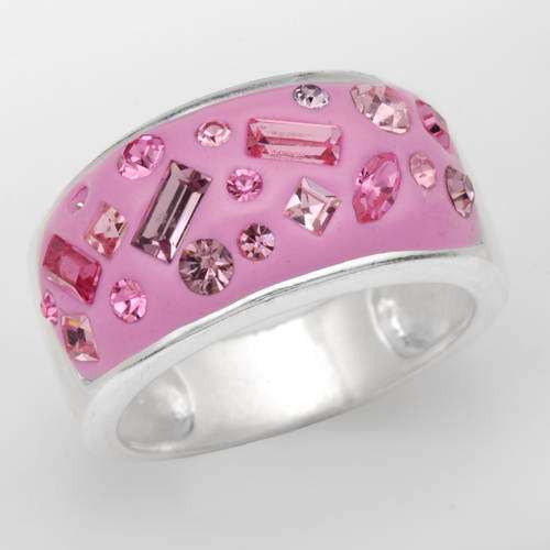 Pink Enamel and Crystal Ring in Silver- Size 6