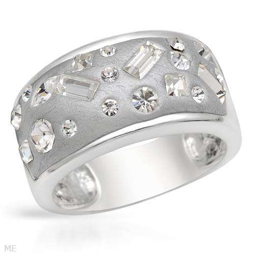 Crystal set in Grey Enamel Ring in Silver- Size 8
