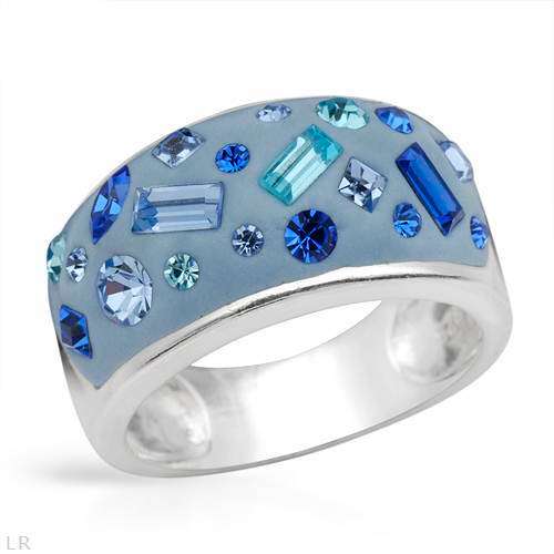 Blue Enamel and Crystal Dress Ring in Silver- Size 6