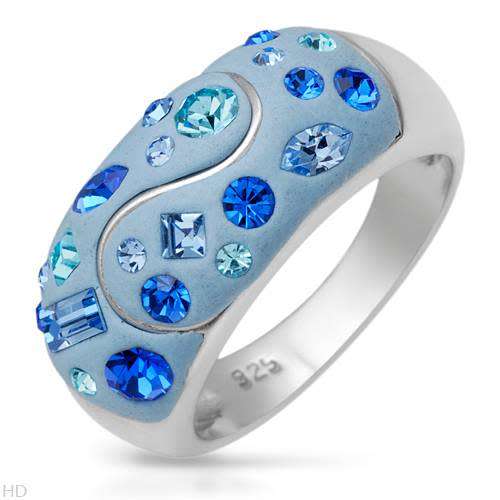 Crystal and Blue Enamel Dress Ring in Sterling Silver- Size 7