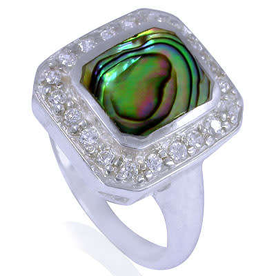 Natural Abalone Sea Shell and CZ Ring in Silver- Size 9