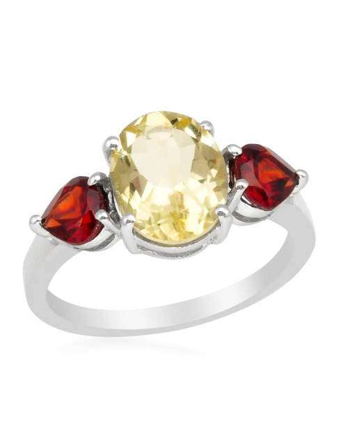 3.31ctw Natural Garnet and Quartz Trilogy Ring in Silver- Size 6