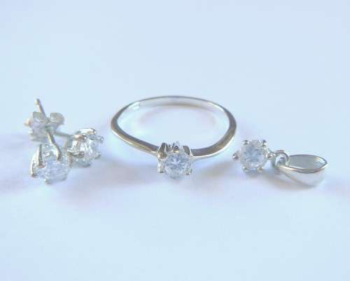 Solitaire CZ Pendant, Earring and Ring Set in Silver