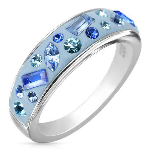 Crystal and Blue Enamel 925 Sterling Silver band- Size 7