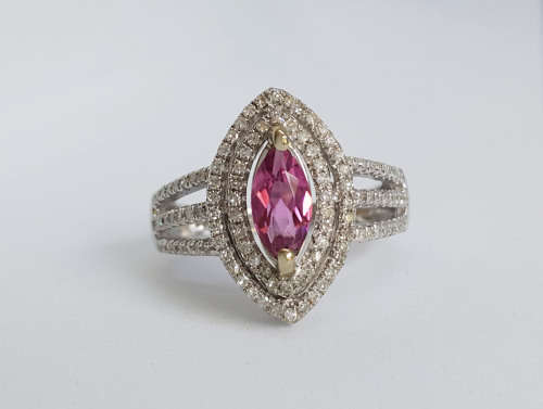 0.66ct Pink Marquise Tourmaline and Diamond Ring Size 6