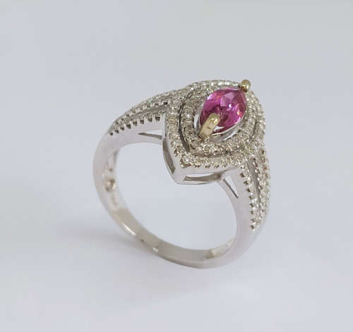 0.66ct Pink Marquise Tourmaline and Diamond Ring Size 6