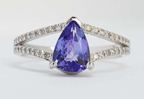 0.98ct Pear Tanzanite and Diamond Split band Ring in 9k White Gold