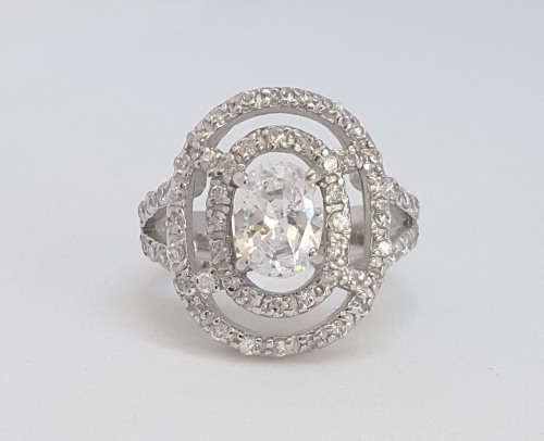 1.785ctw CZ Oval halo Ring in Silver- Size 6, 8