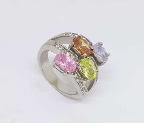Multi Coloured Ring in Silver- Size N