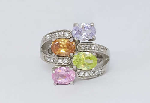 Multi Coloured Ring in Silver- Size N