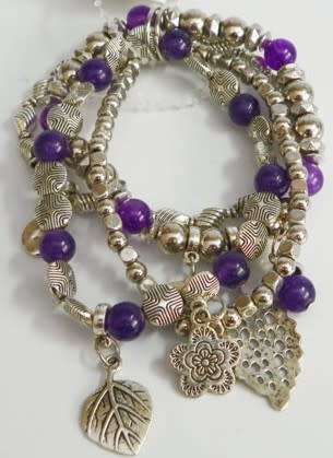 Purple Beaded Elastic Charm Bracelet