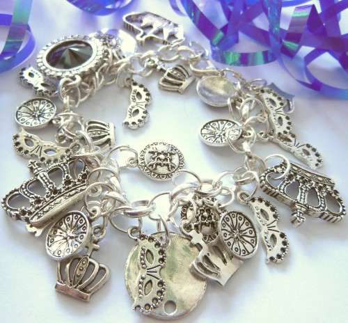 Silvertone Charm Bracelet with Crown, Mask and Rhinestone Crystal Charm