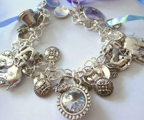 Silvertone Charm Bracelet with Bell, Elephant and Rhinestone Crystal Charm