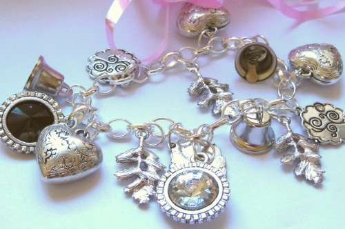 Silvertone Charm Bracelet with Heart, Bell, Leaf and Rhinestone Crystal Charm